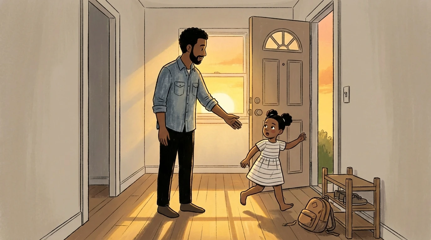 Parent extending hand toward young child reaching for open front door at sunset while setting a firm limit