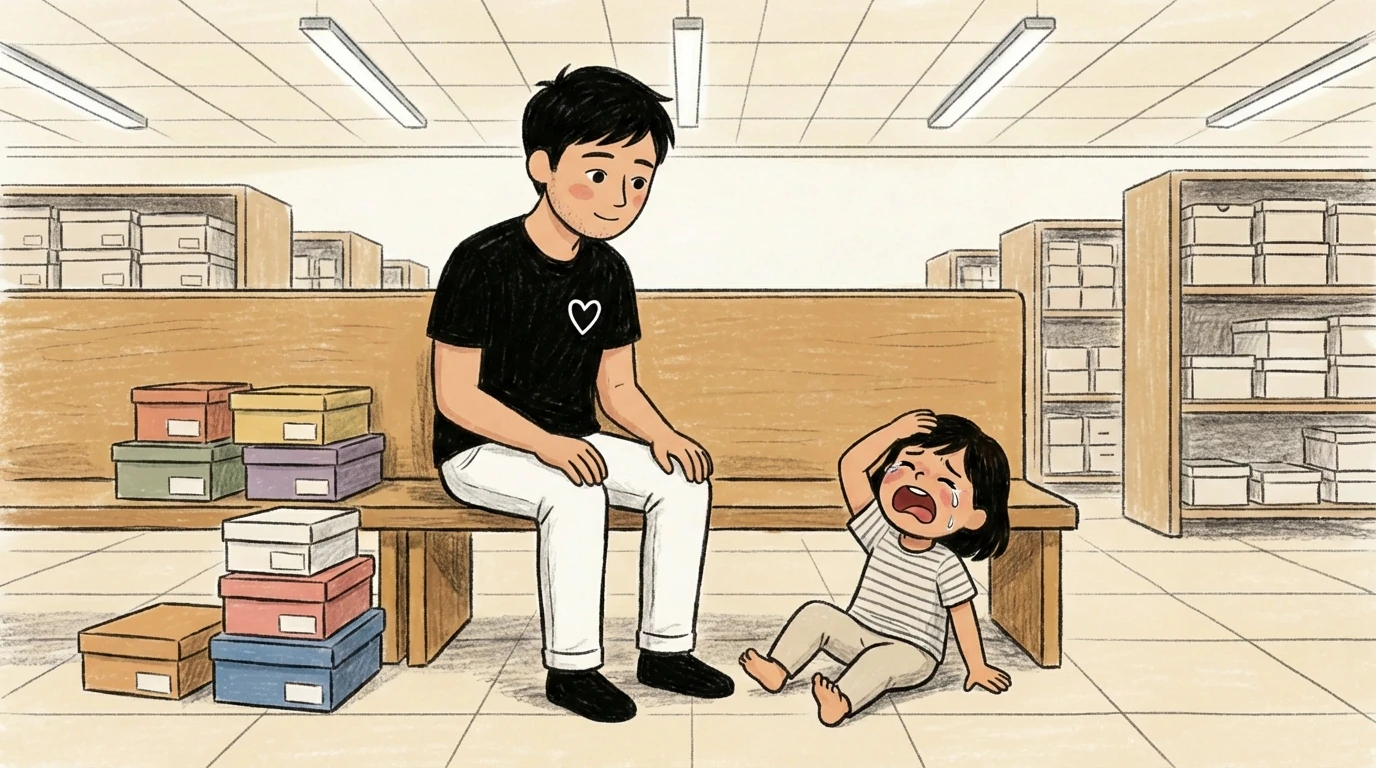 Parent sitting calmly on a shoe store bench while young child sits on the floor mid-meltdown holding a boundary