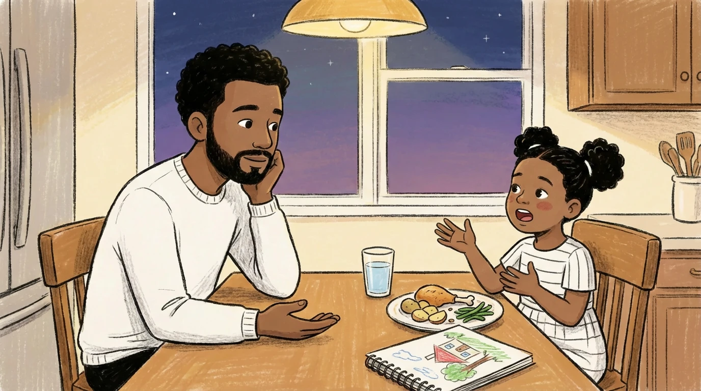 Father and young child at kitchen table at night parent listening with open hand as child gestures and speaks