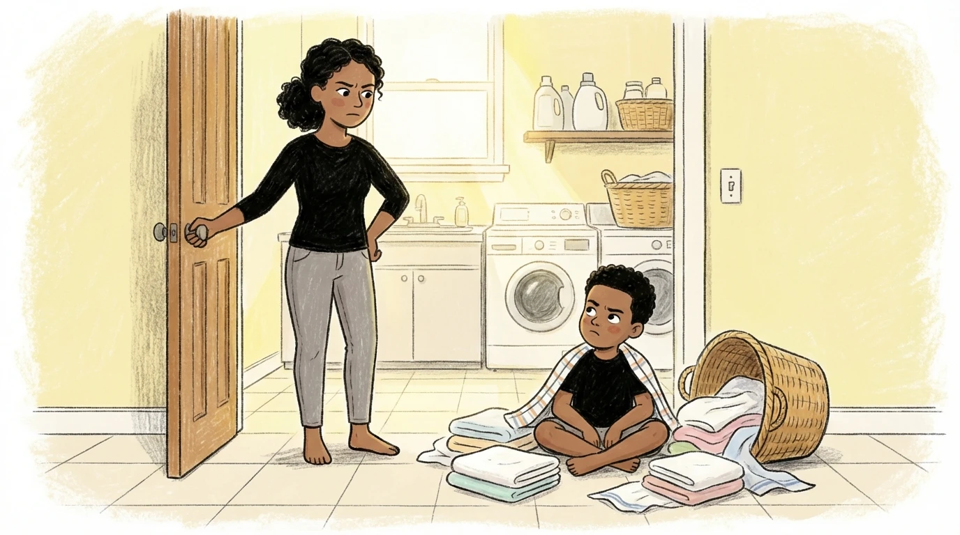 Adult woman at doorway watching child sit beside spilled laundry teaching accountability without punishment