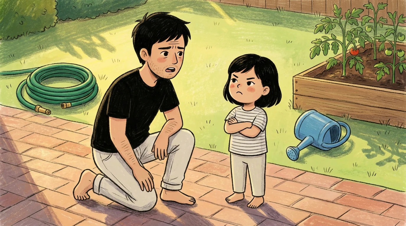 Adult crouching to child's eye level in garden using connect-then-teach approach instead of punishment