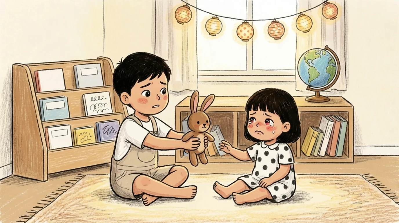 Two children sitting on floor as one offers a toy rabbit to the other during conflict repair