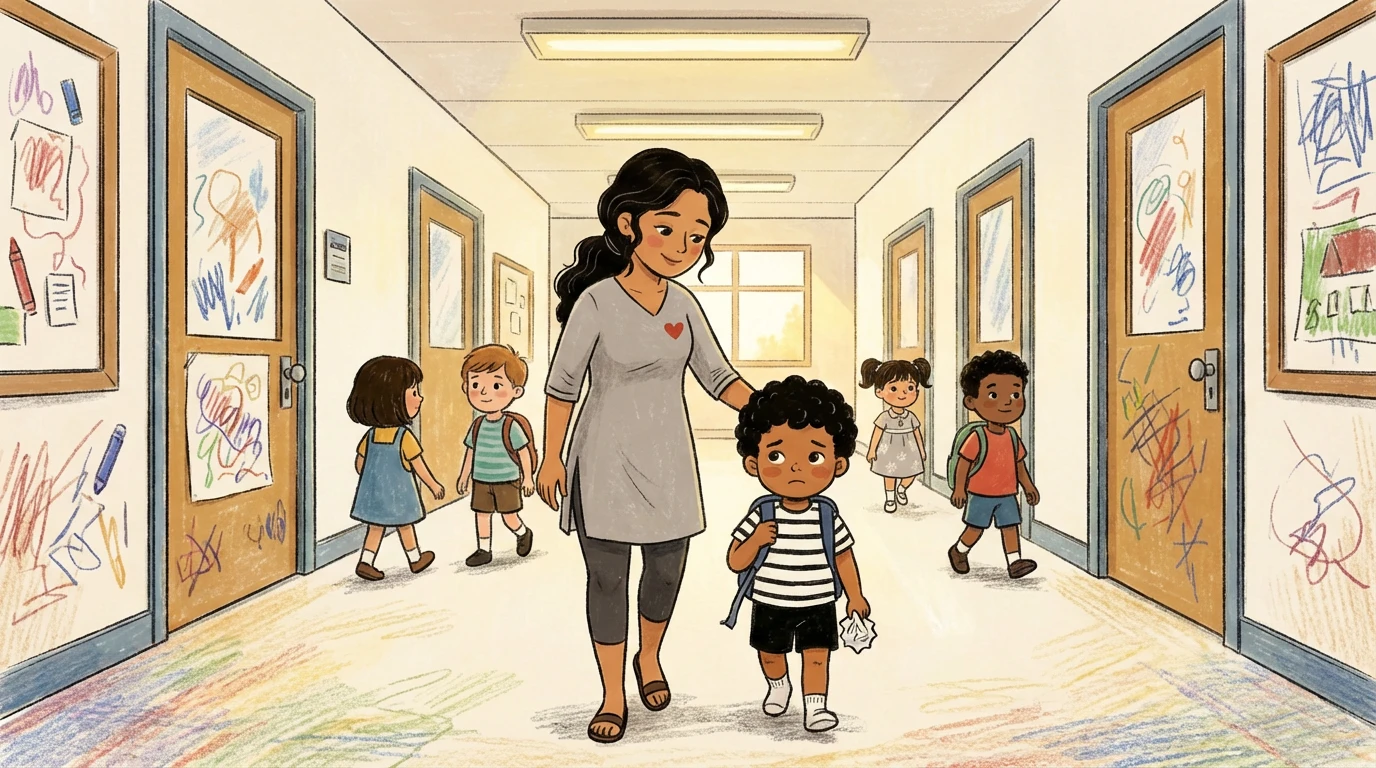 Adult walking alongside child through school hallway with children's artwork on the walls