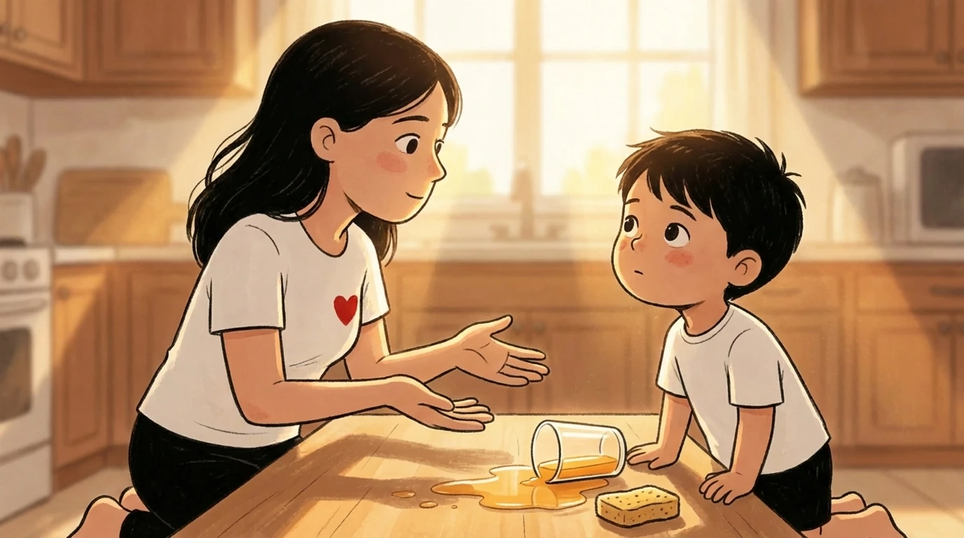 Mother talking to child at a kitchen table near a spilled glass instead of punishing him.