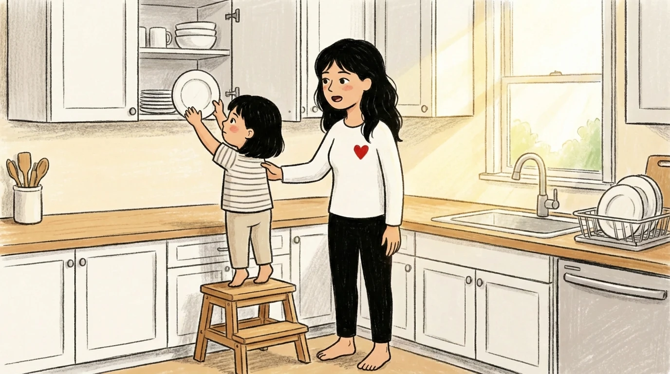 Child on step stool putting dish away while parent watches - getting kids started on chores