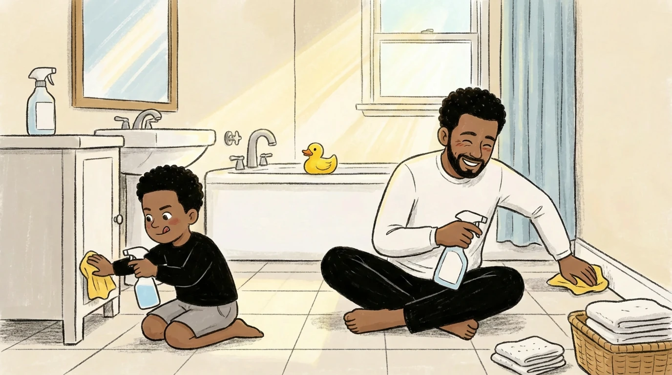 Father and young son cleaning bathroom floor together with spray bottles and sponges