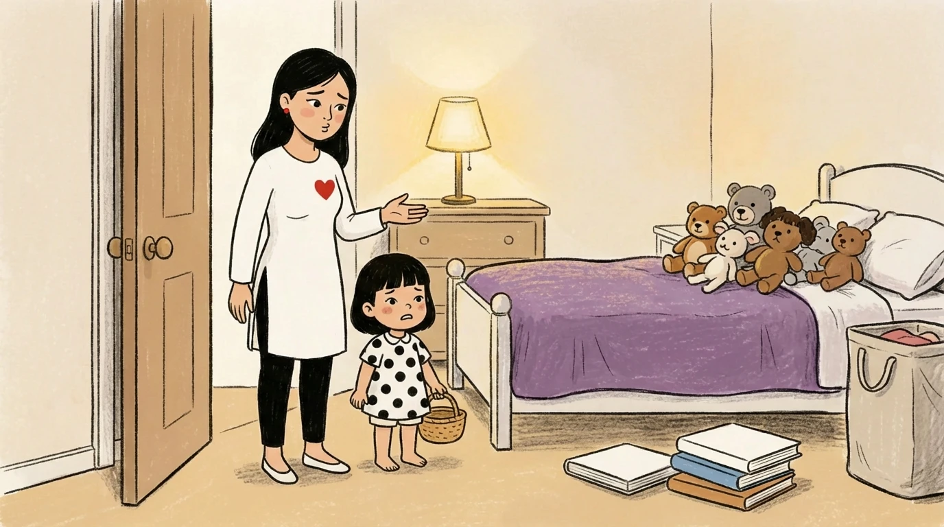 Mother reminding daughter to tidy bedroom by pointing to unmade bed while child holds basket