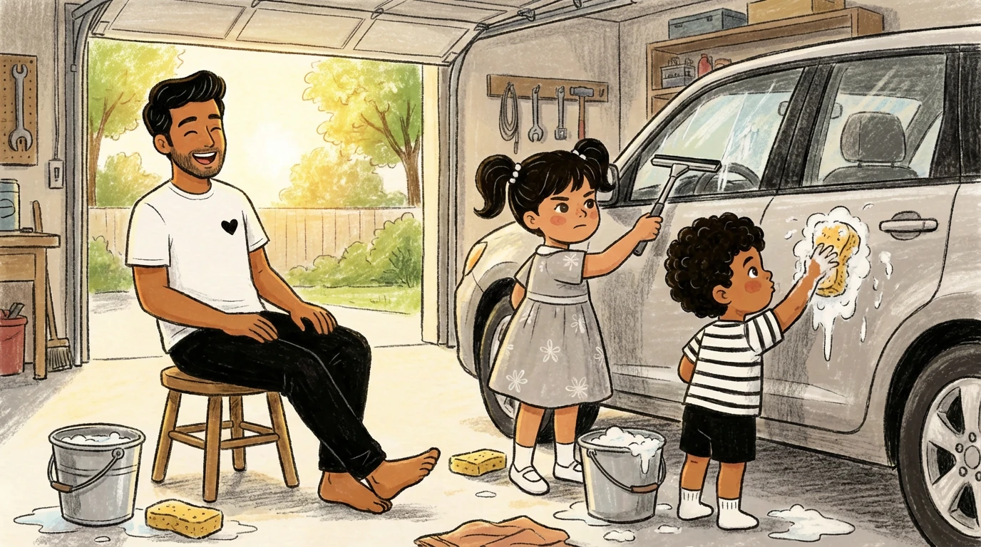 Father on stool watching two children scrub a car without being asked multiple times