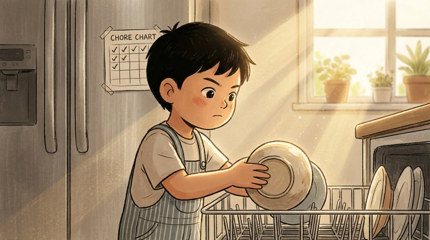 Child doing chores by washing dishes in a kitchen with a chore chart on the wall behind him.