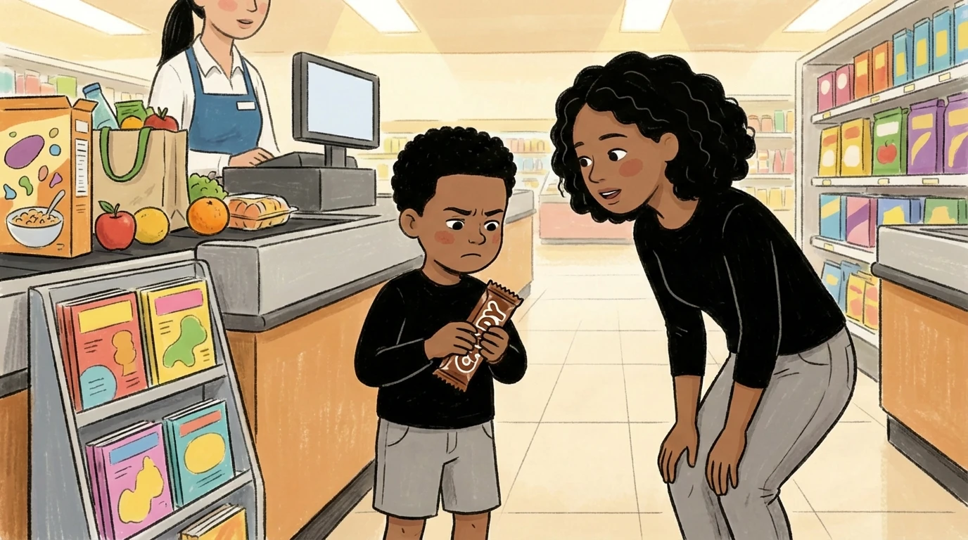 Mother leaning toward young child holding candy bar at grocery checkout, no bribes needed