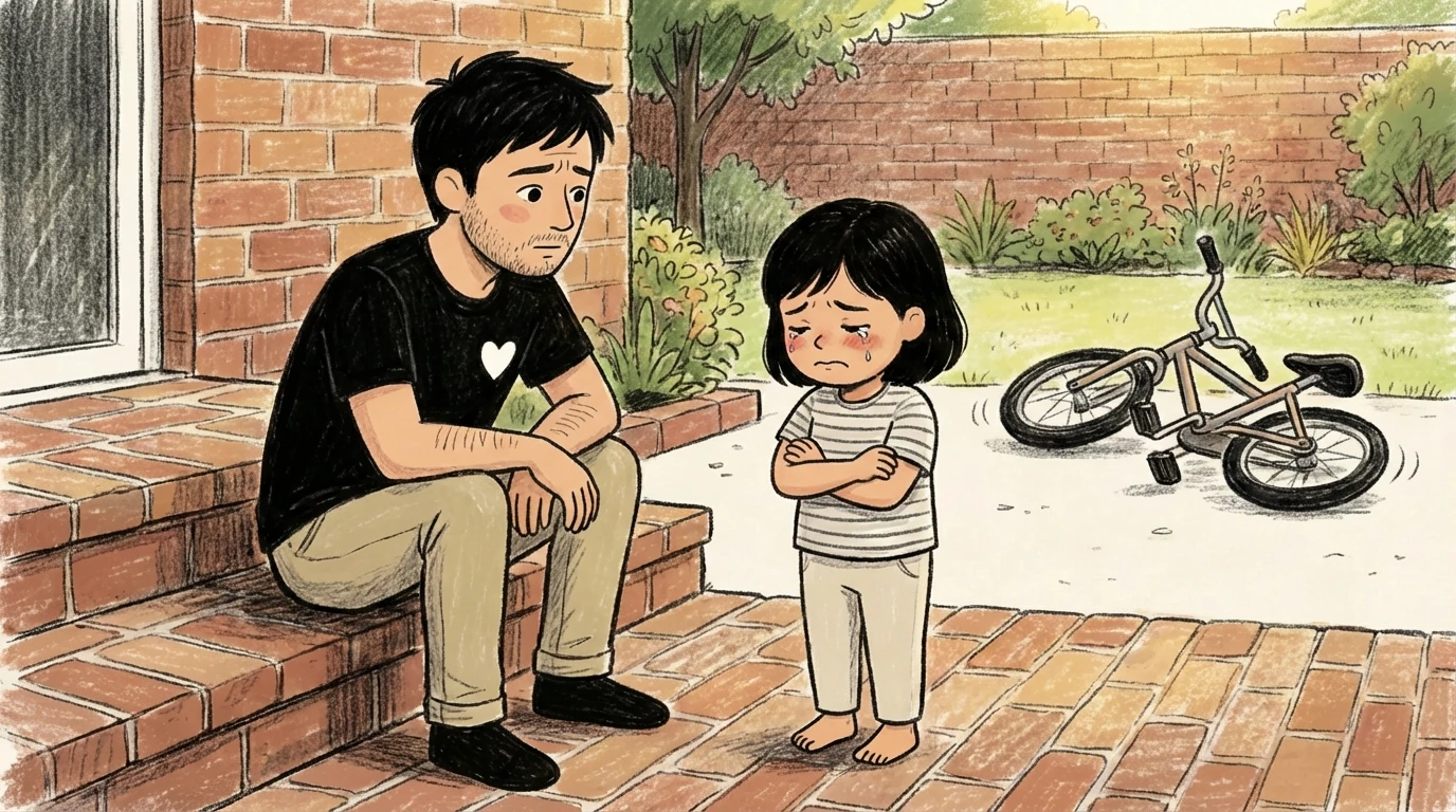 Father sitting on brick steps beside a child with arms crossed and a bike tipped over behind them