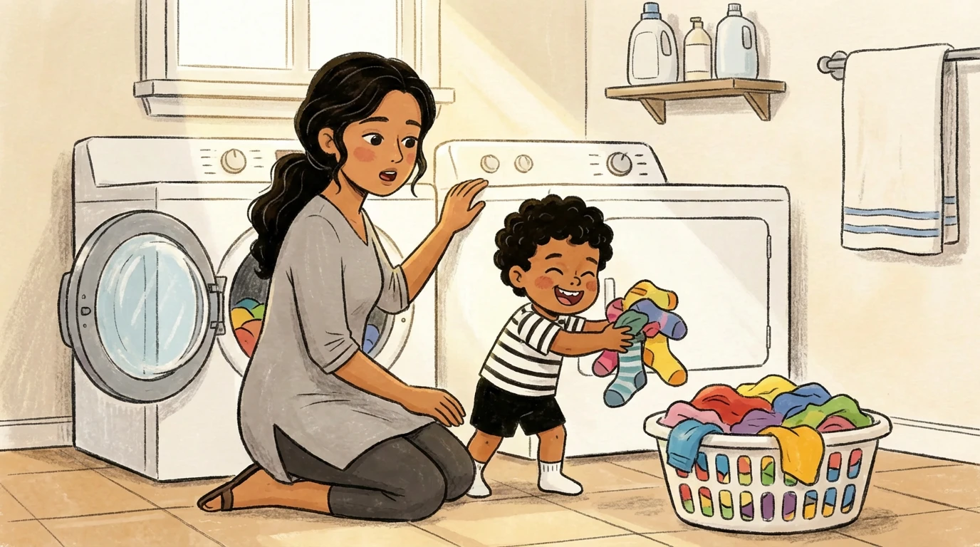 Mother and toddler sorting colorful laundry together, motivating a child through a real household task