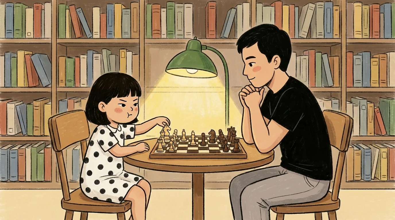 child and father playing chess at a lamp-lit table with bookshelves behind them, no sticker charts needed