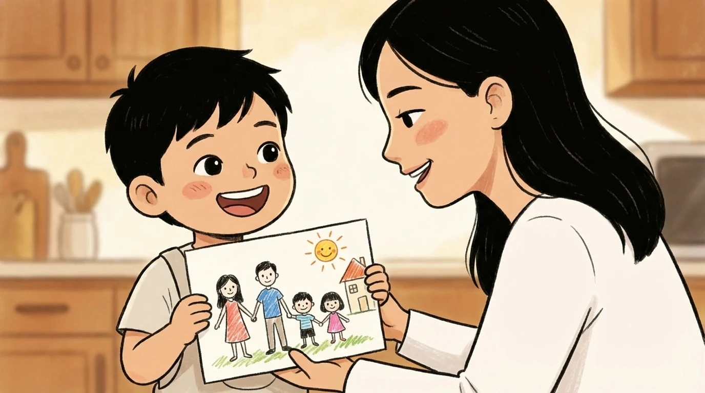 Child showing a family drawing to mother in a kitchen, motivated by connection without rewards.