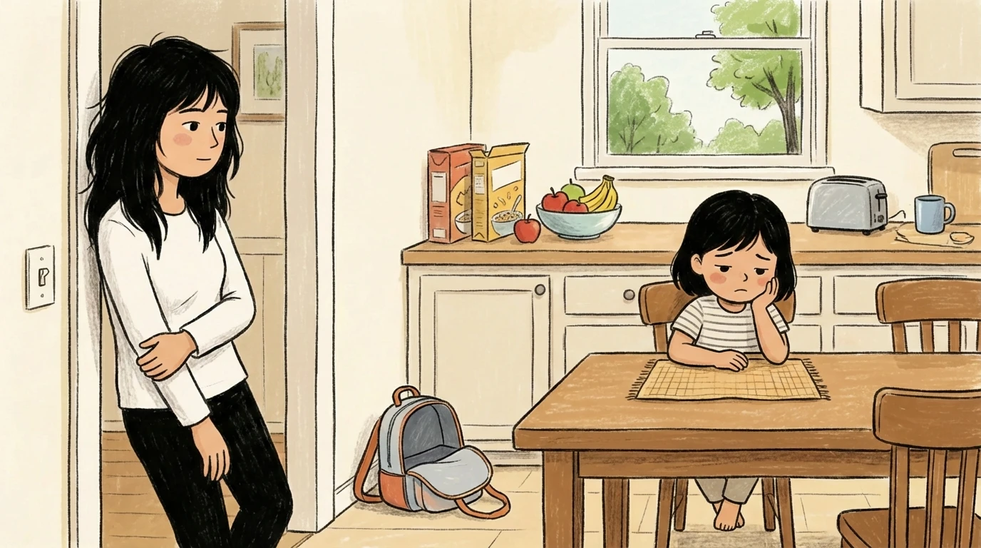 Parent standing in the kitchen as a child sits alone at the table, backpack dropped on the floor in a natural moment