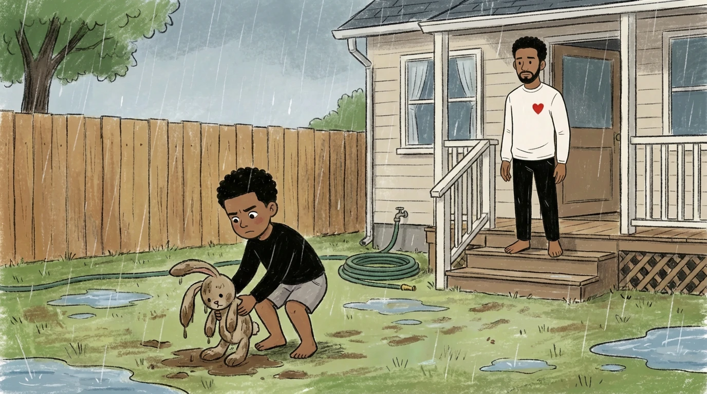 Child crouching in rain to retrieve a muddy toy - a natural consequence of playing outside despite the weather