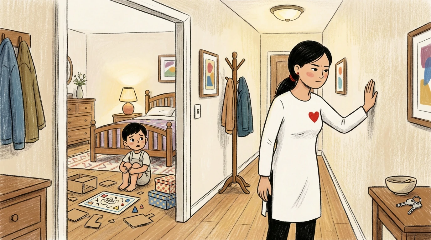 Parent gesturing stop at doorway while a child sits on the bedroom floor amid scattered toys as a logical consequence