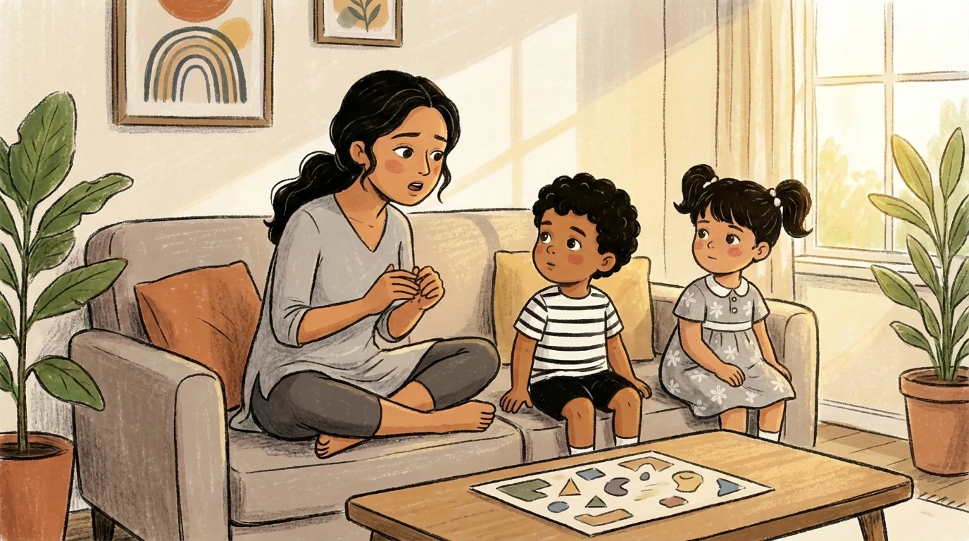 Parent talking with two children on a couch with a puzzle on the table, working through a calm family discussion