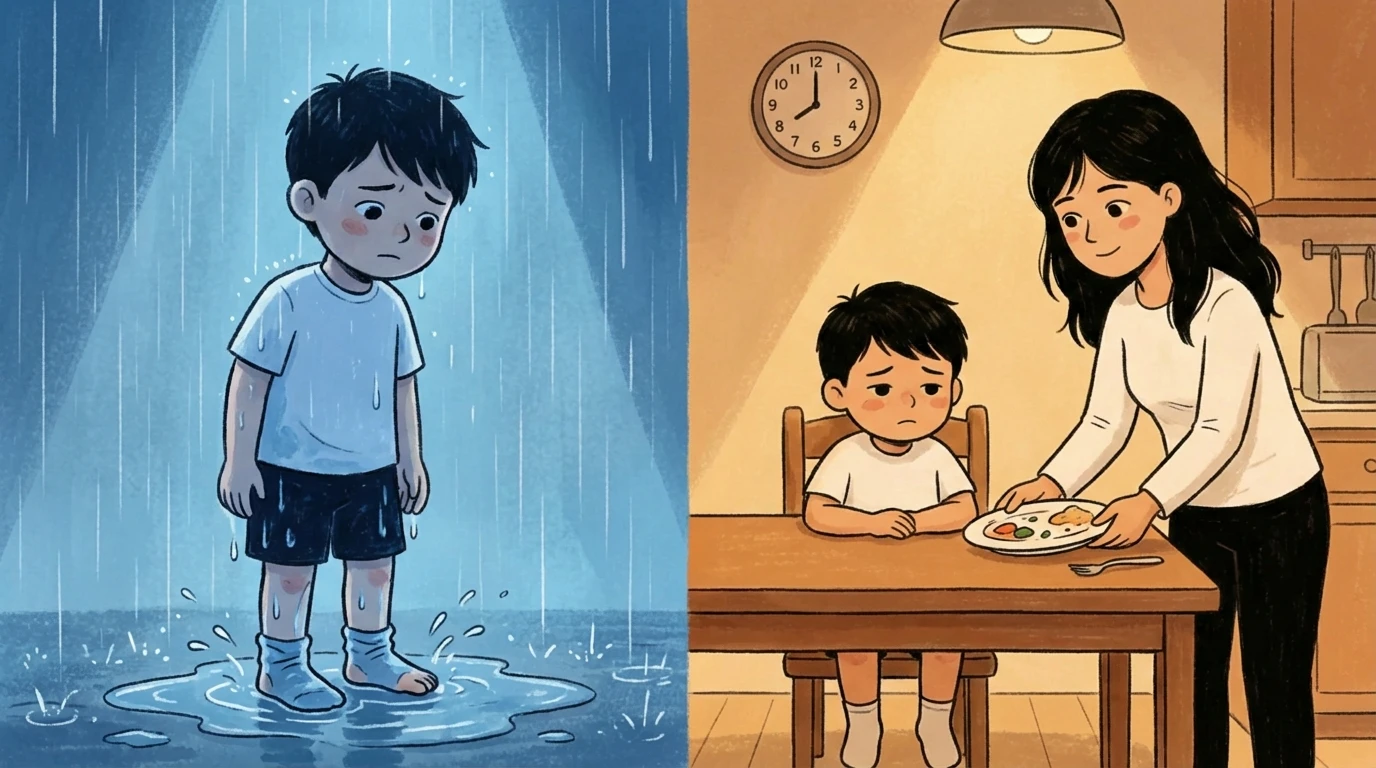 Child standing in rain as a natural consequence next to a mother setting a logical mealtime consequence at the table.