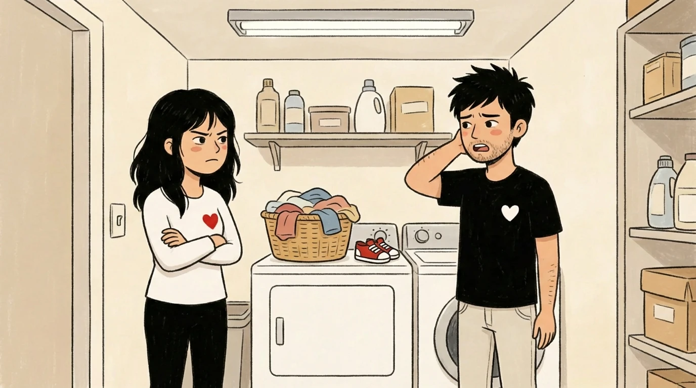 Two adults standing apart in a laundry room with arms crossed and a puzzled look, a parenting disagreement unfolding