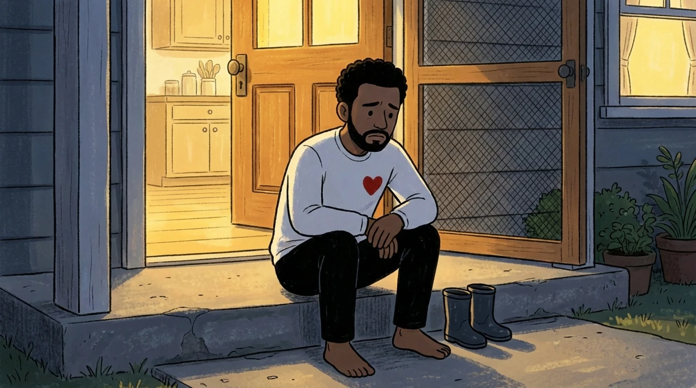 A man sitting alone on a front porch step at dusk, head down, reflecting after a co-parenting disagreement