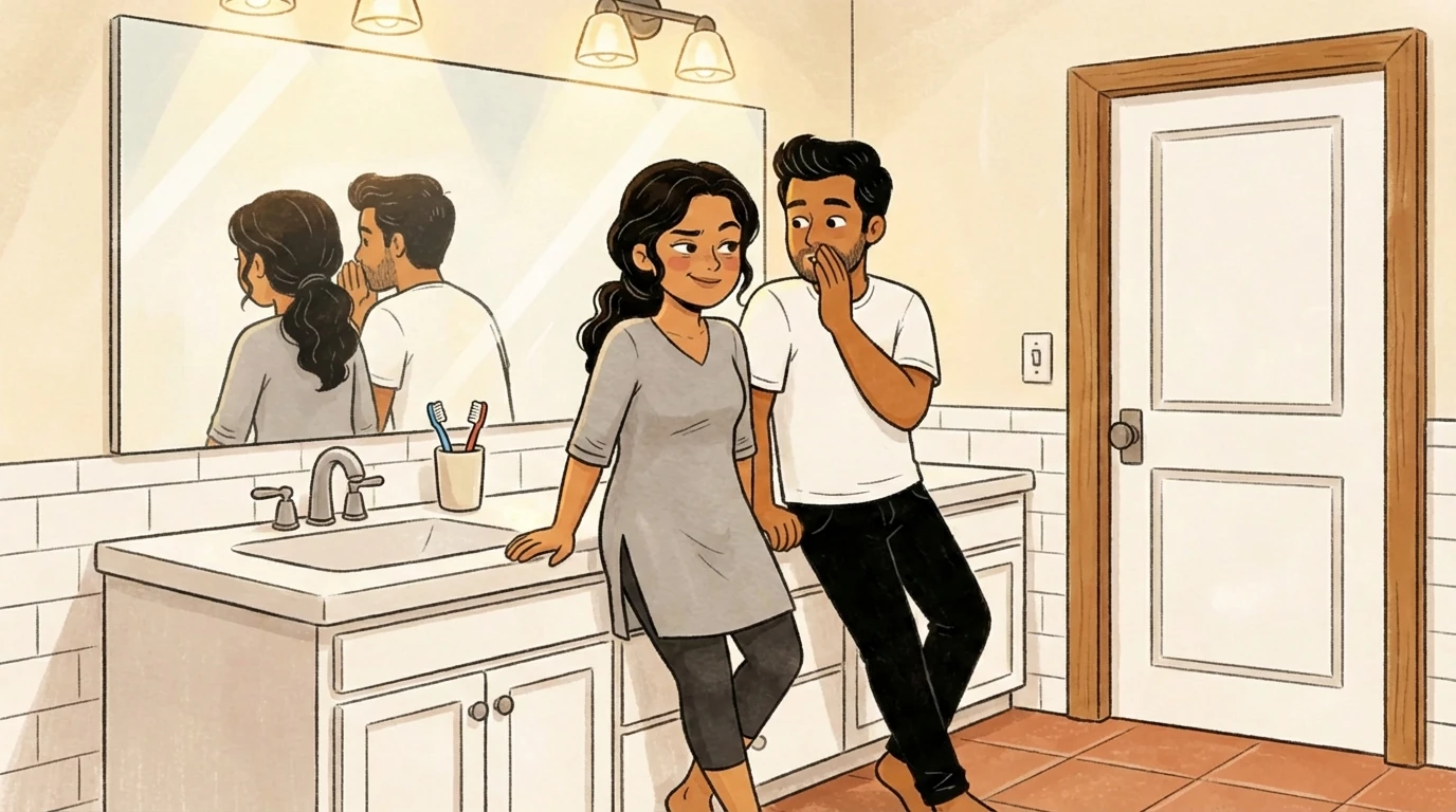 A couple whispering to each other in a bathroom near a sink, keeping a parenting disagreement away from the kids