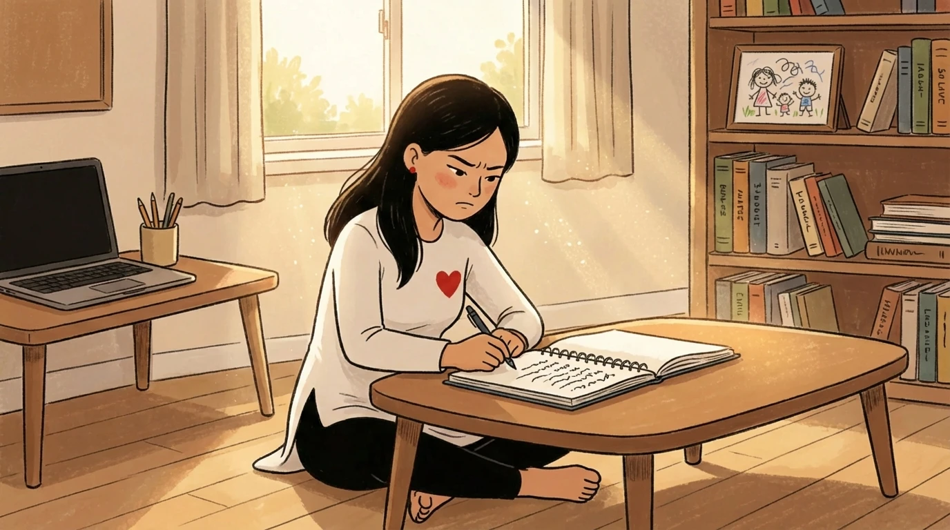 A woman sitting cross-legged on the floor writing in a notebook, working through a shared parenting discipline plan