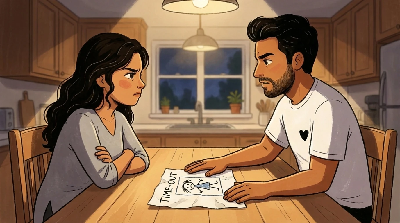 Two parents facing each other at a kitchen table with a time-out note between them, disagreeing about discipline.