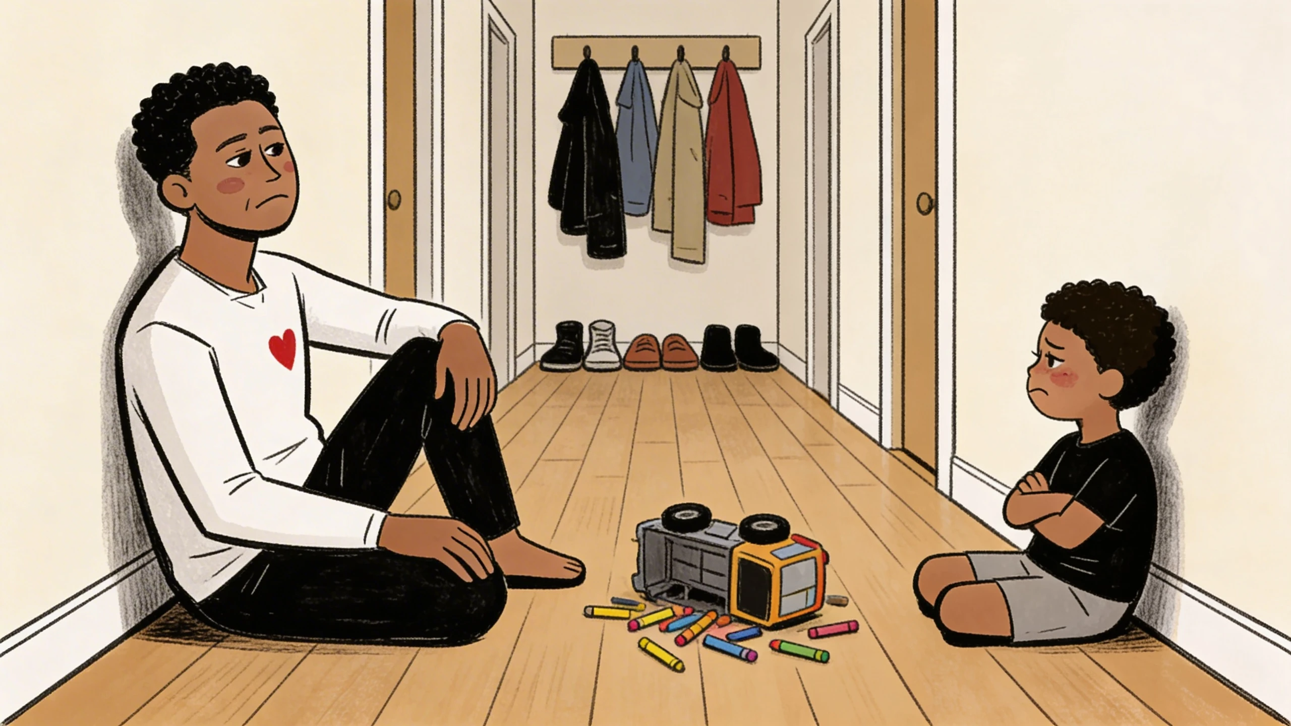 Adult and child sit apart on a hallway floor with a toy bus and crayons between them - discipline in action