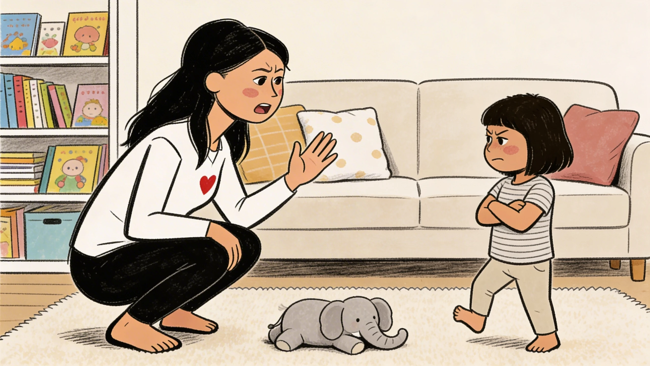 Parent crouches with hand raised while child stands arms crossed beside a small stuffed elephant on the rug