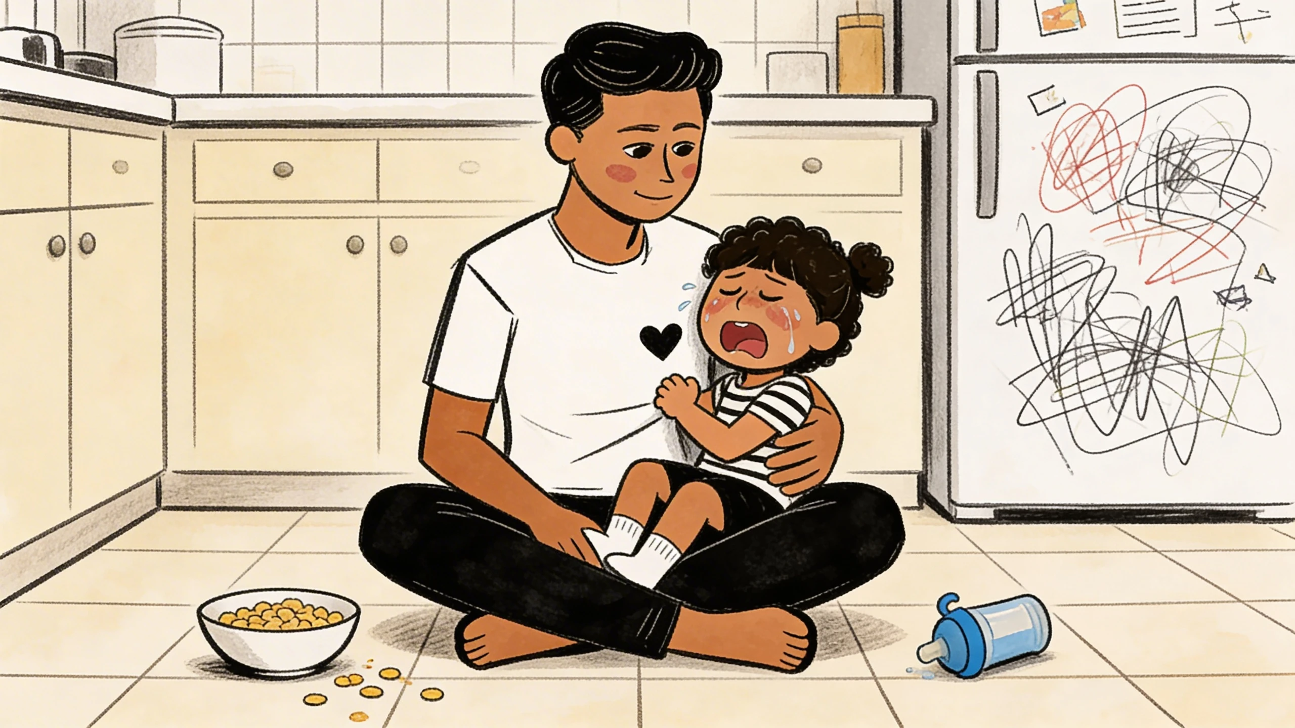 Parent on kitchen floor holding a crying toddler next to fridge scribbles, offering comfort instead of punishment