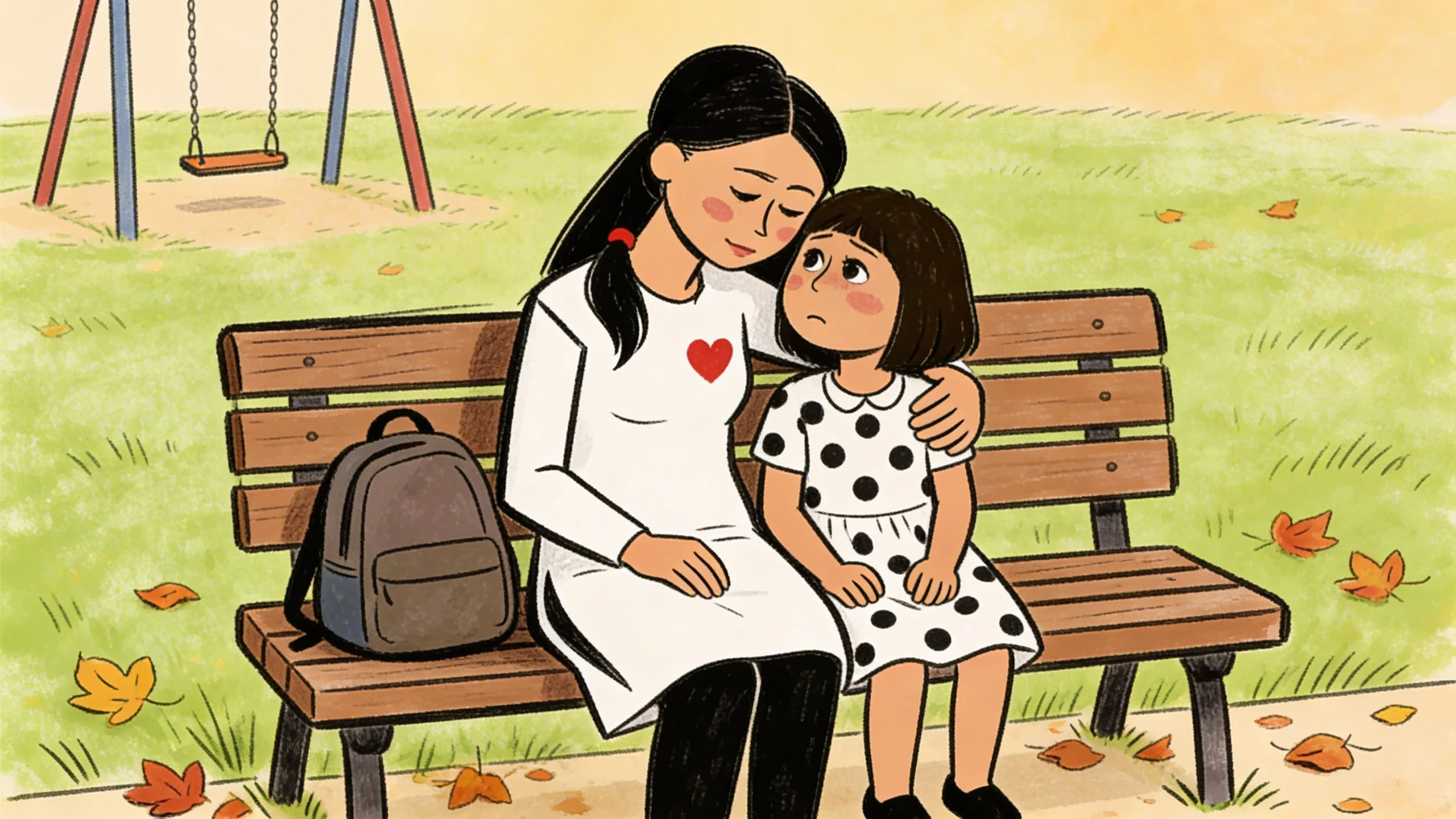 Mother with arm around daughter on a park bench near a swing set - calm connection after a hard moment