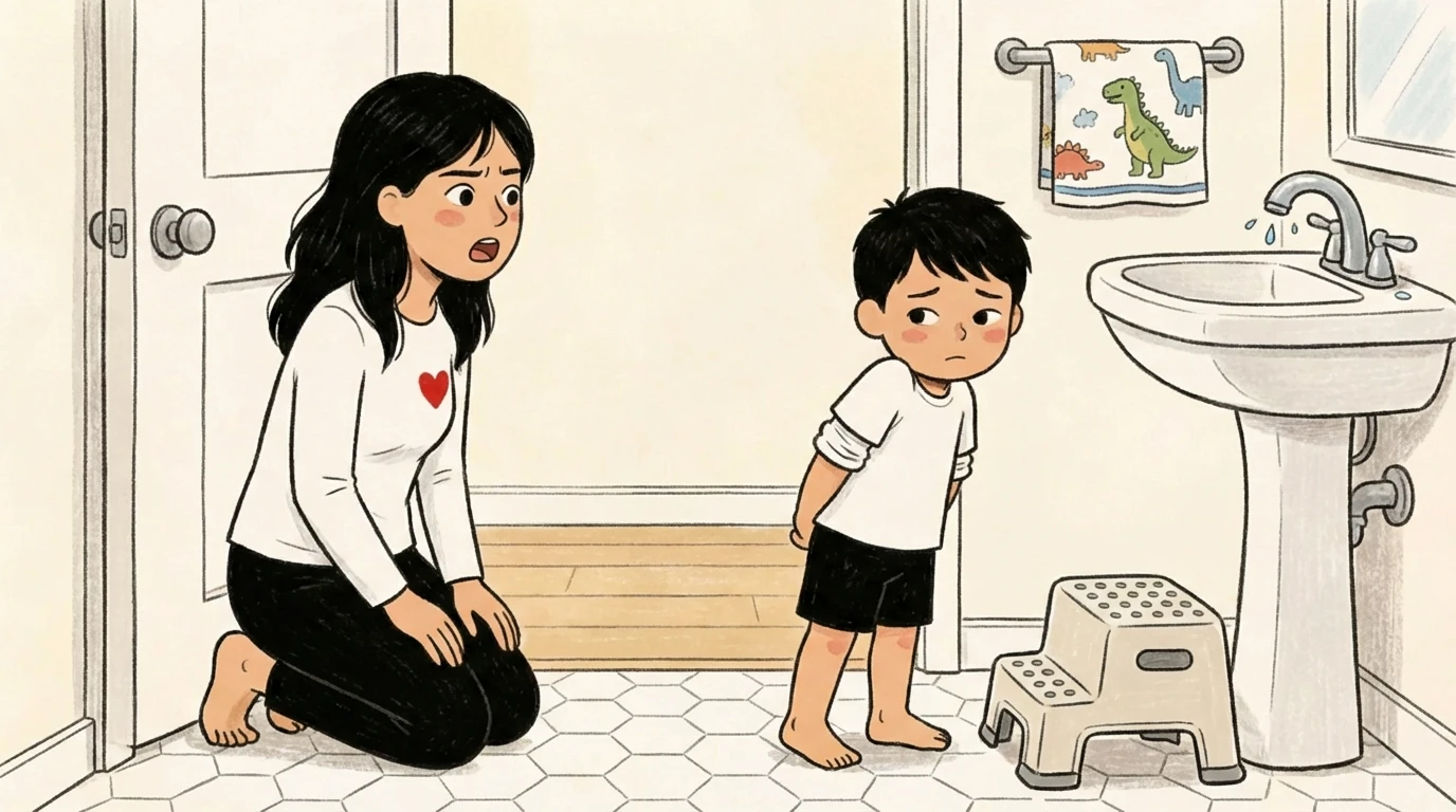 Mother kneeling to eye level with a young boy by a bathroom sink, a moment to build honesty without shame.