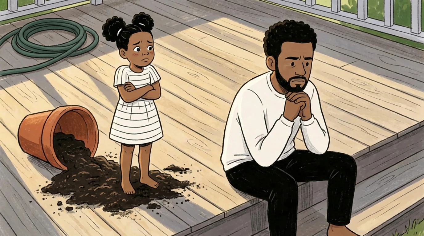 A child stands with arms crossed beside a knocked-over pot as a father sits on a porch head down.