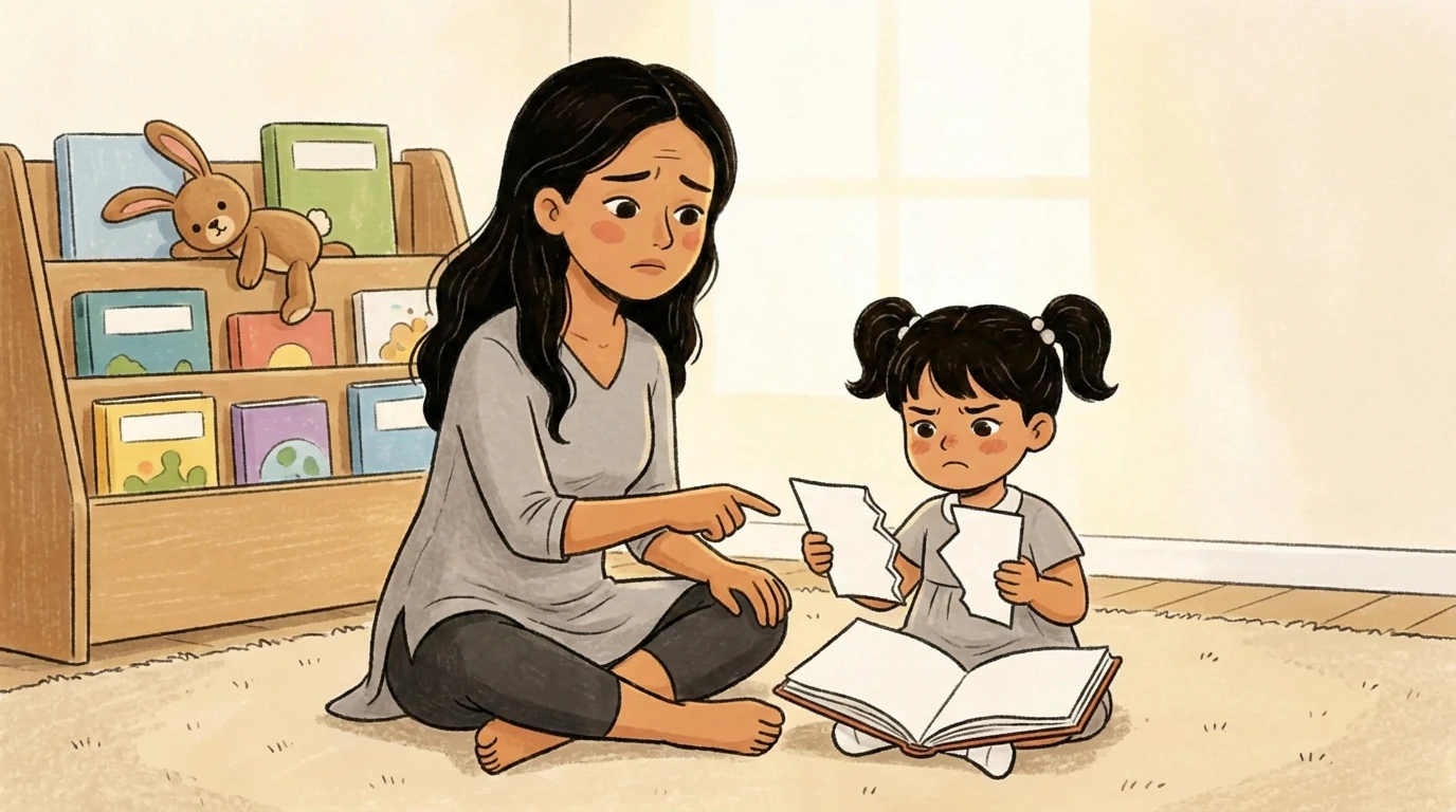 Mother pointing at a torn paper while a toddler holds the pieces, addressing a lie with no shame.