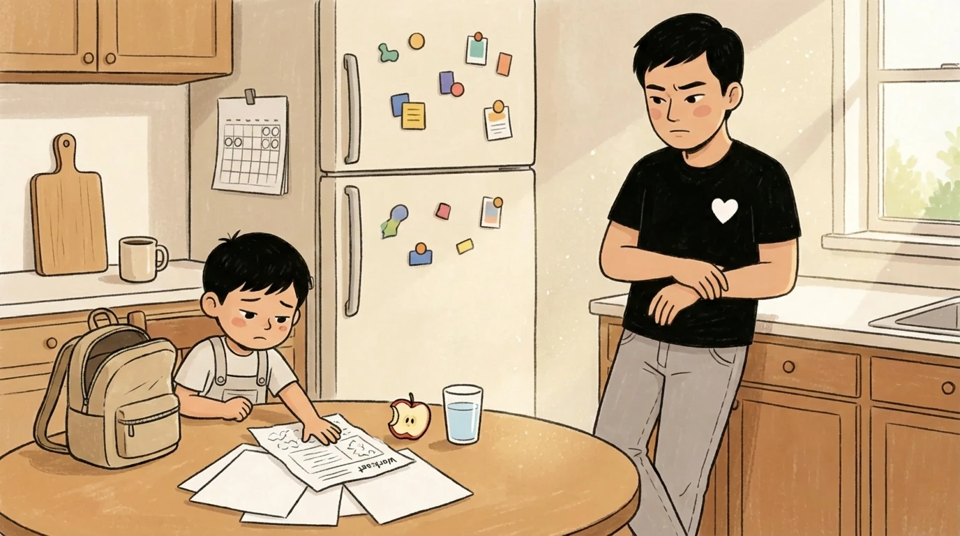 A father stands with arms crossed as a boy sits at a kitchen table with a worksheet and backpack.