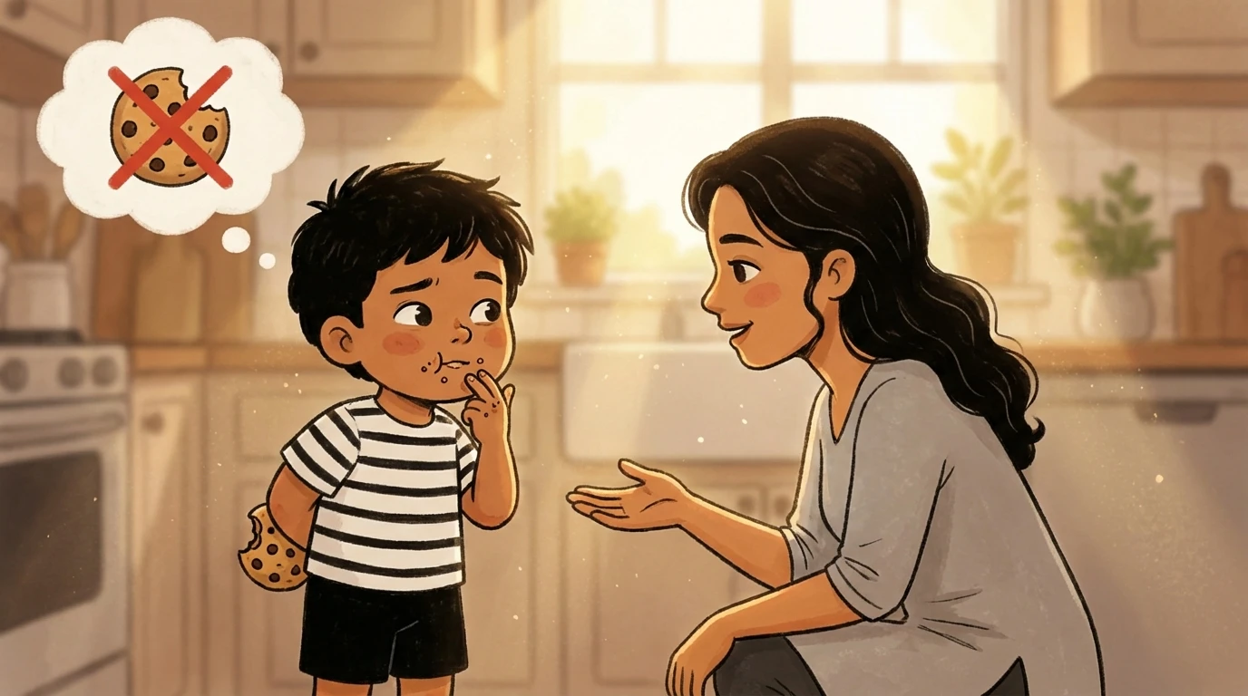 Child hiding a cookie behind his back and lying to his mother in a kitchen as she talks to build honesty.