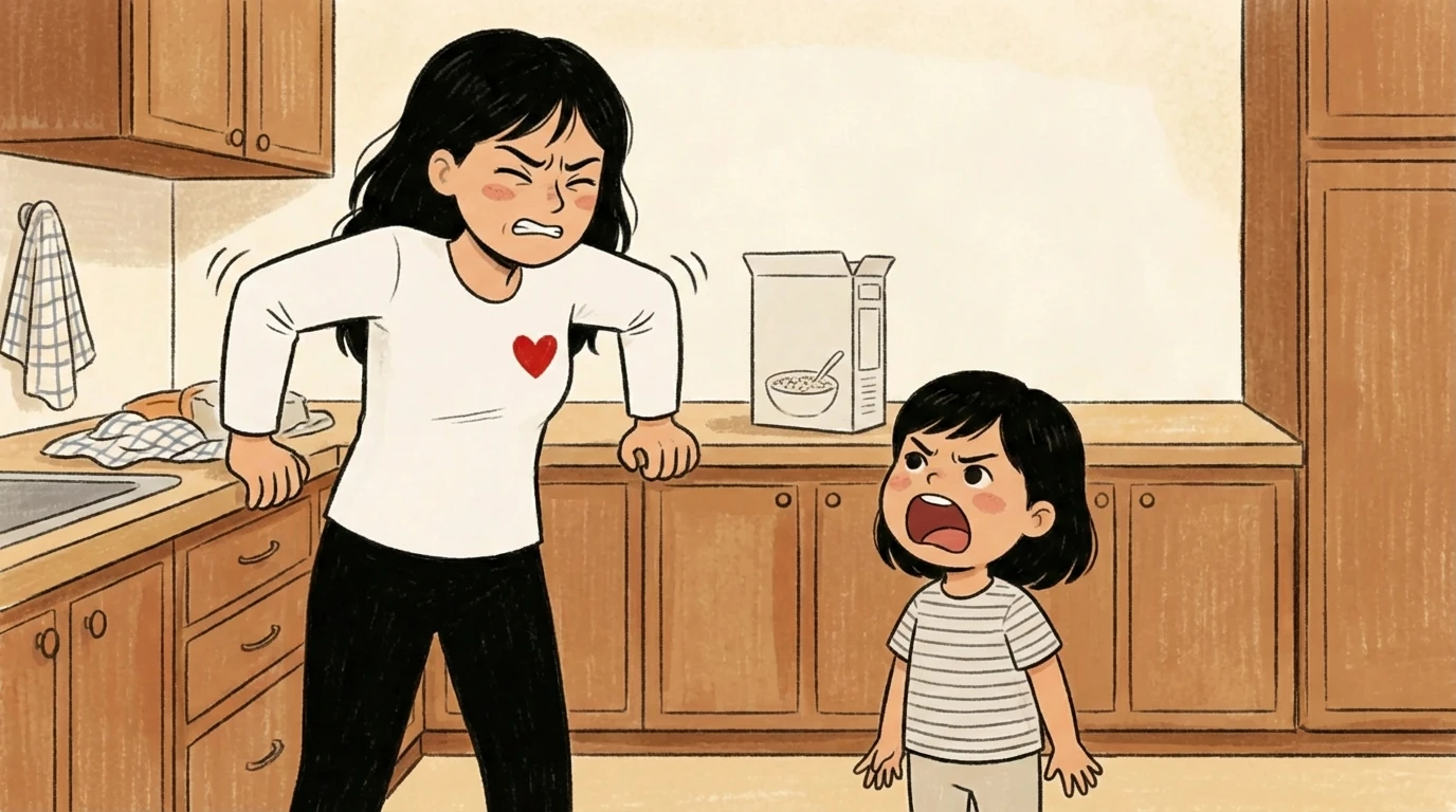 Illustration of a child whining loudly in a kitchen while a tense parent leans on the counter