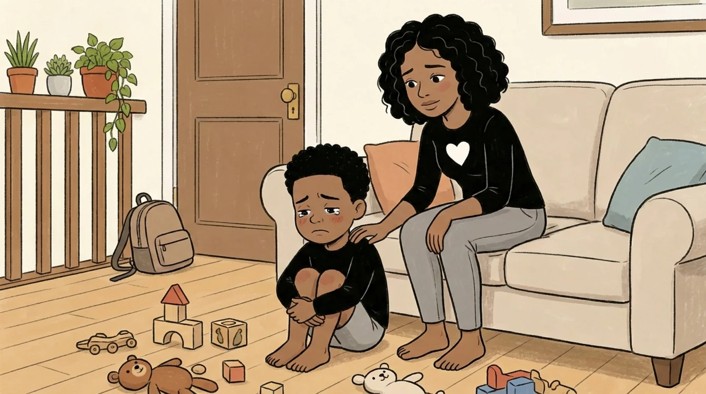 Parent sitting on sofa placing hand on a child curled on the floor amid scattered toys and blocks