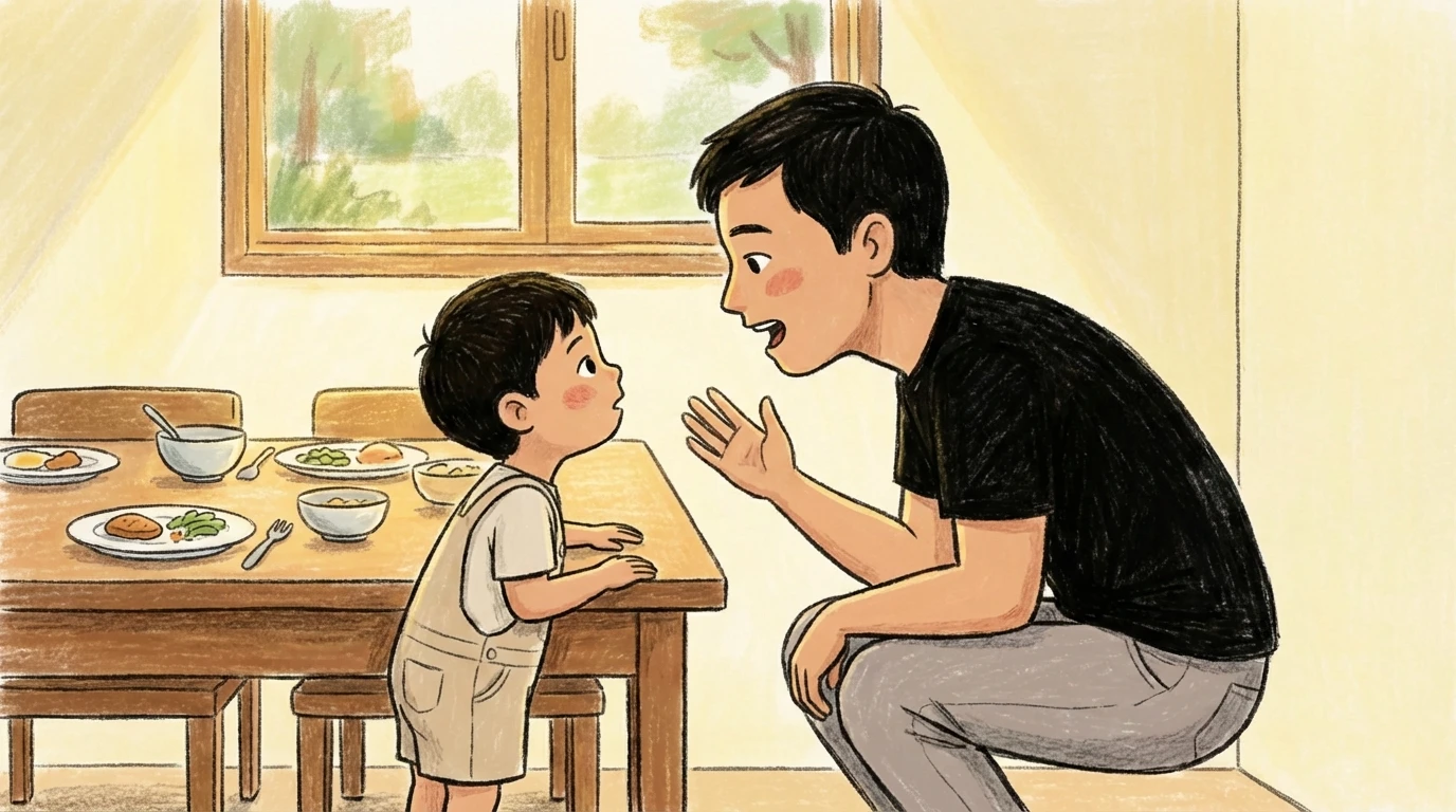 Parent crouching at eye level with a toddler at a dining table using calm gestures to stop whining