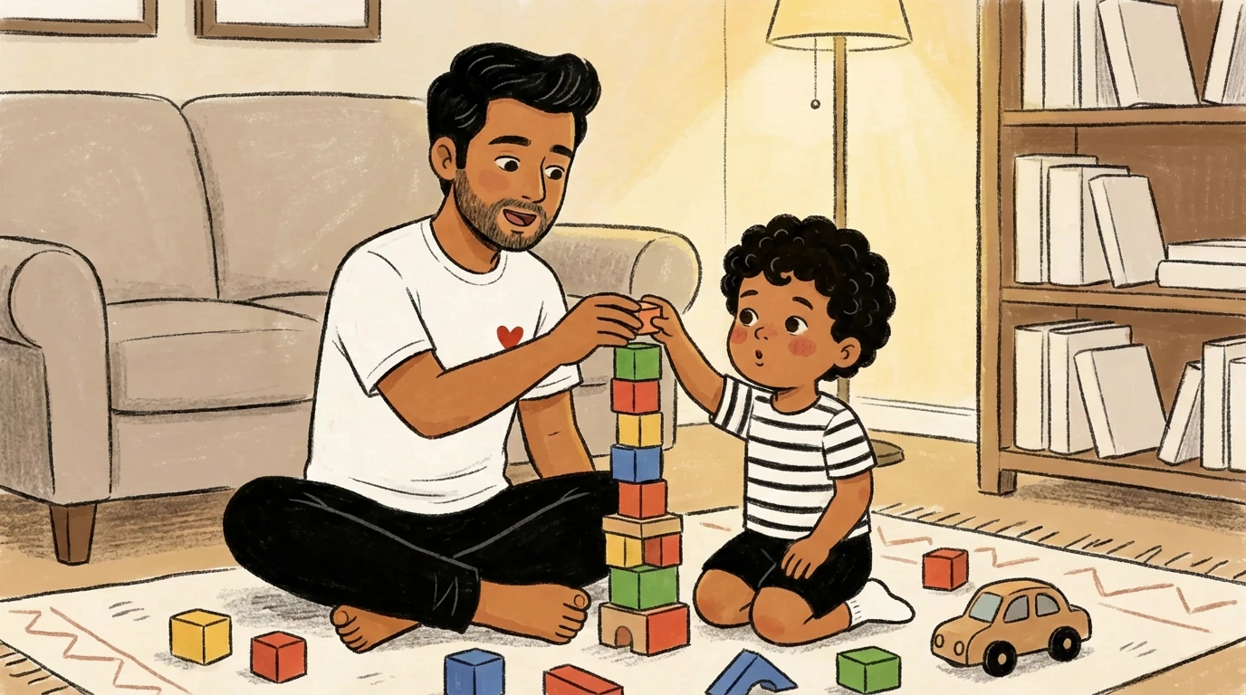 Adult and young child building a block tower together on a living room floor side by side