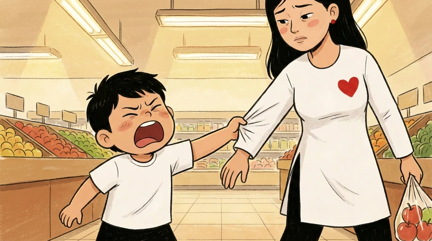 Child whining and tugging a mothers arm in a grocery store while she walks without giving in.
