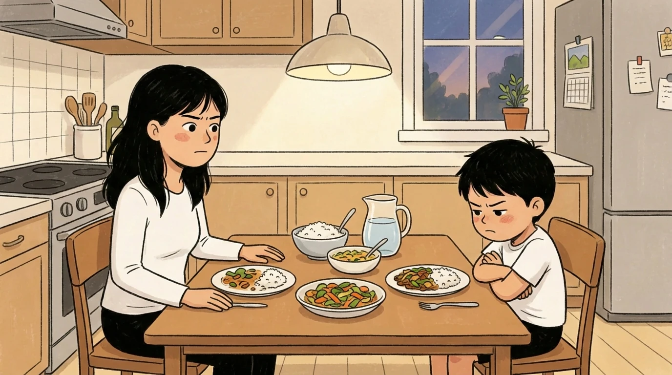 Mother and young boy at a kitchen table with several dishes served, showing division of responsibility at mealtime.
