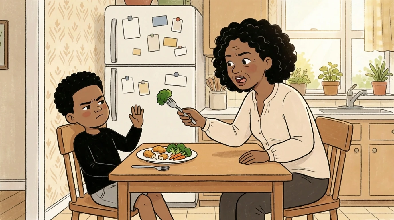 Mother offering broccoli to a child who ignores hunger cues, turning away from the plate at the kitchen table.