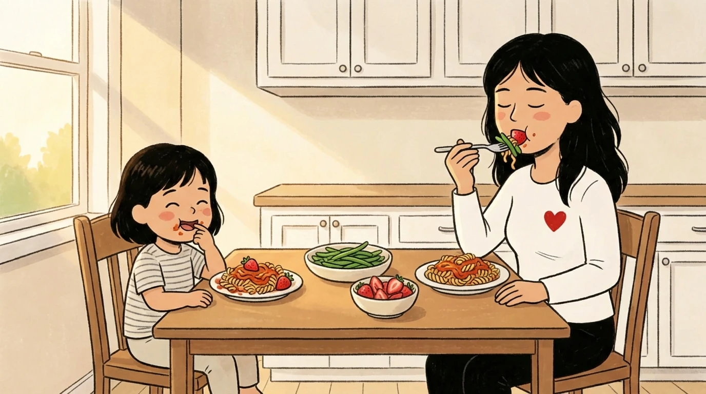 Mother and daughter eating together at a table with multiple dishes, trusting the child to self-serve and eat.