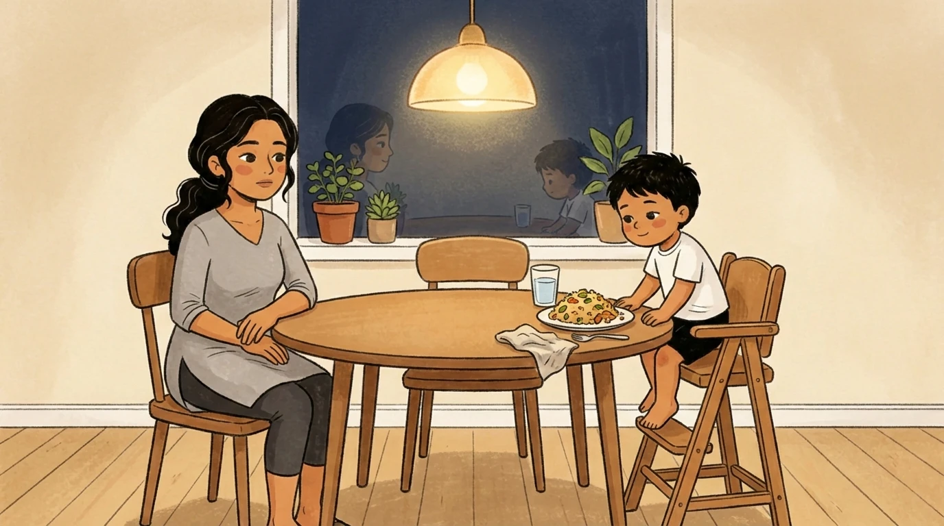 Mother sitting calmly across from a young boy with a plate of food, trusting him to respond to his own hunger cues.