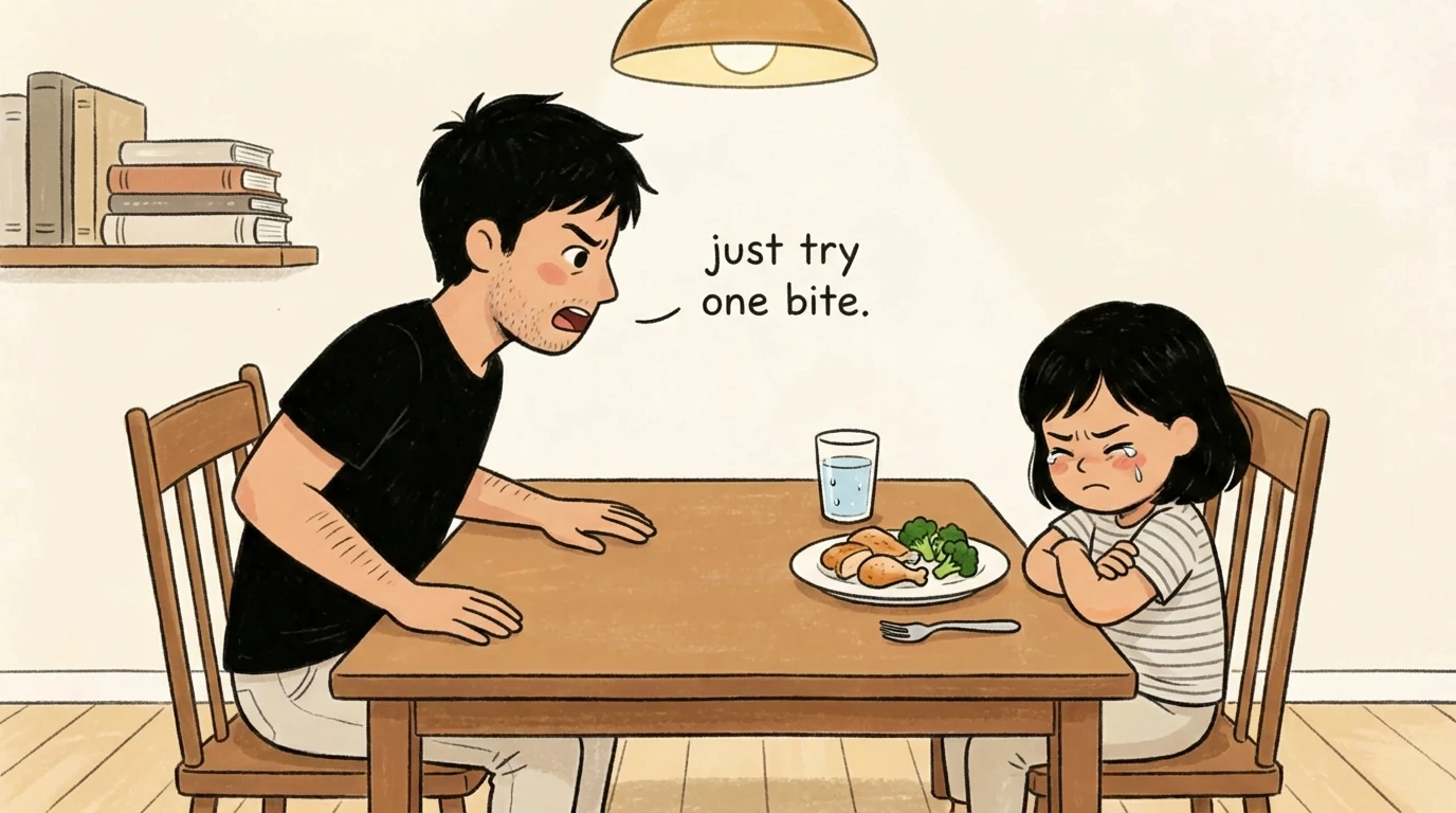 Adult leaning over dinner table telling child to just try one bite while child sits with arms crossed, plate untouched