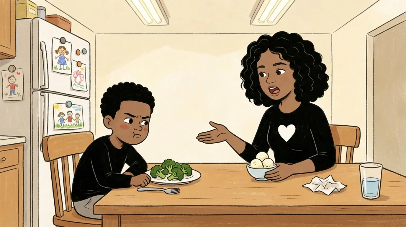 Parent gesturing across table toward child with arms crossed, plate of broccoli untouched, art on fridge