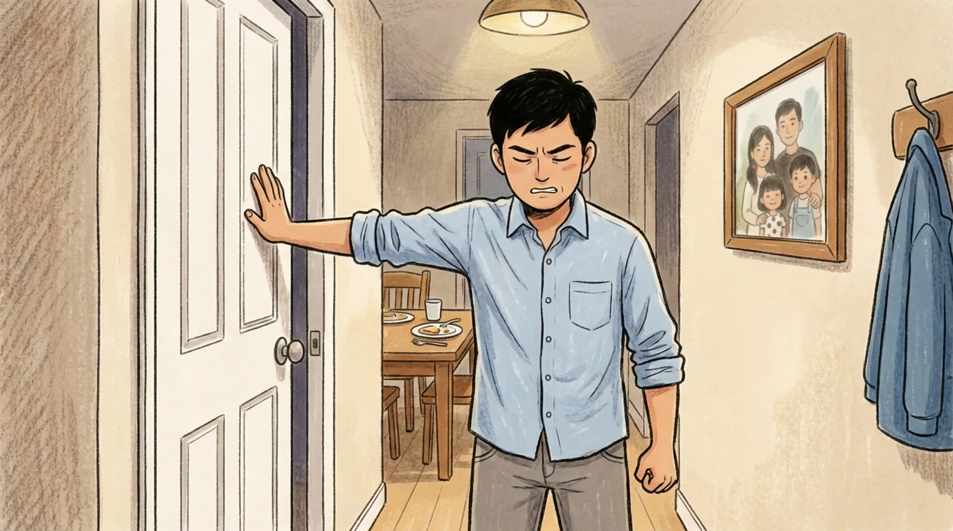 Adult standing in hallway with hand on door head bowed dining table visible in background