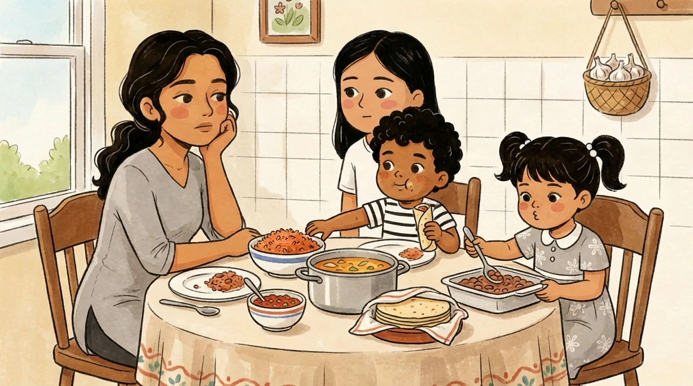 Woman and three children at round table with several dishes of food, one child looking at plate without eating